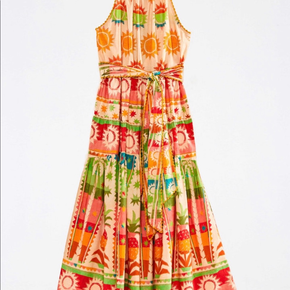 Farm Rio Womens Medium 
Rainbow Sunset Halter Bow Maxi Dress